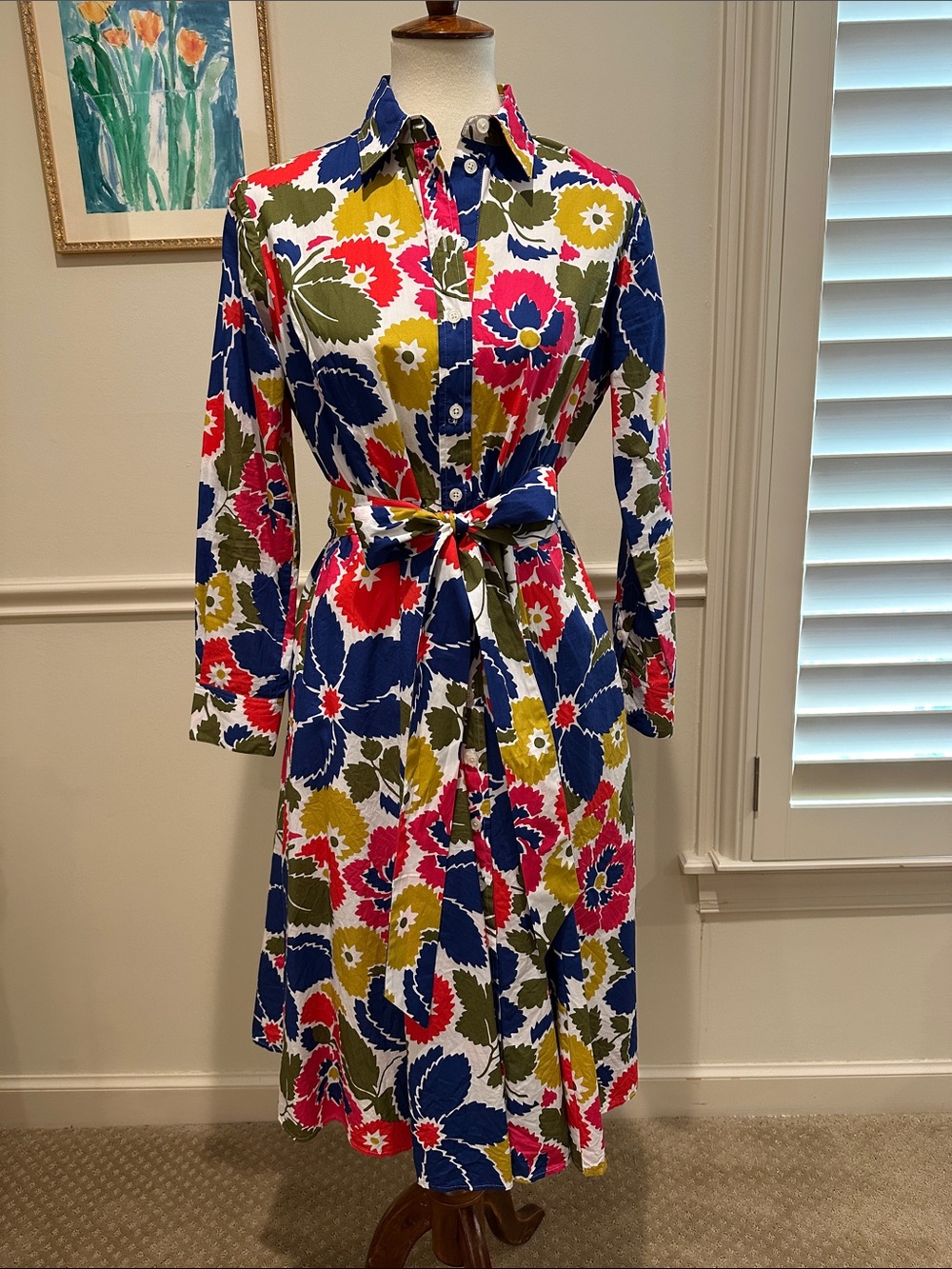 Boden Multicolor Floral Long-Sleeve Shirt Dress with Tie Waist